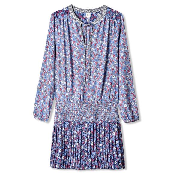 Gap Blue Floral Drop Waist Dress S Smock Tie Pleated Western Office Boho Chic - Picture 1 of 11